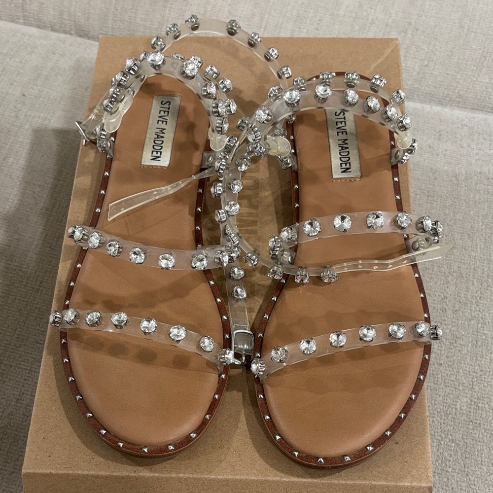 Steve Madden Tan Sandals with Clear Embellished Straps